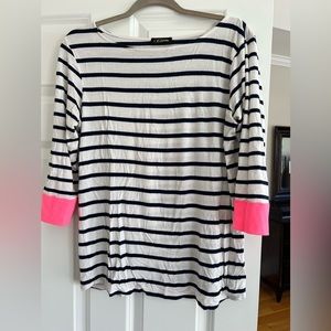 Blue and white striped 3/4 sleeve shirt with hot pink cuffs.  Size XL